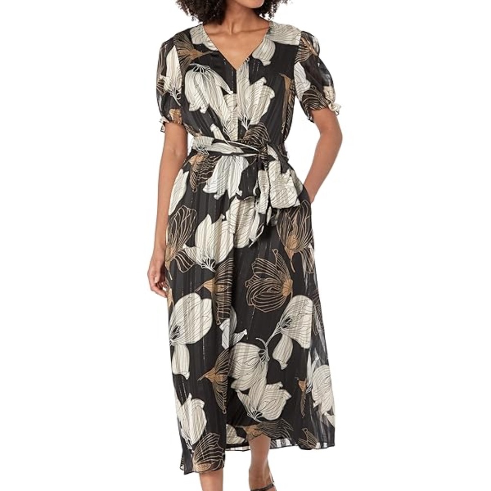 Anne Klein Metallic Floral Puff Sleeve Midi Dress Small black gold NWT new